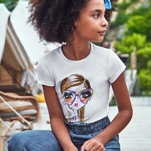 Size 10 Girls Mayoral White Tee with Fashion Graphic